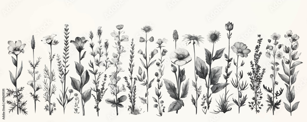 Vector hand drawn big collection with wild and medicinal herbs. Hand drawn botanical sketch with plants and flowers. For printing, cards, packaging.Different flowers on white background.. 
