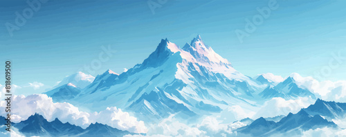 Majestic snow-capped mountains piercing the sky, their peaks obscured by wisps of clouds. Digital art style vector flat minimalistic isolated