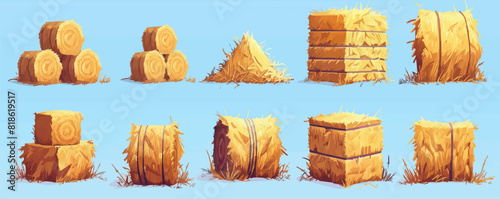Hay bales, piles, heaps and stacks set. Isolated on background. Cartoon. vector simple illustration