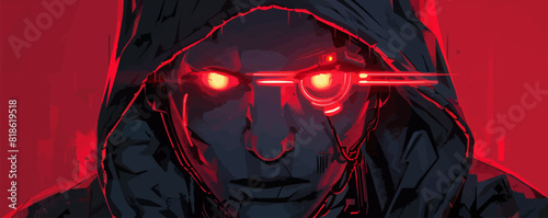 Cyborg head with red light eyes in a hood vector cartoon cyberpunk. vector simple illustration