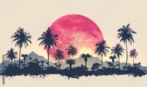 Silhouettes of palm trees and pink sun vector. set of palm trees and sunrise vector silhouette. tropical landscape and mountains black, very peri vector illustration. vector isolated white background