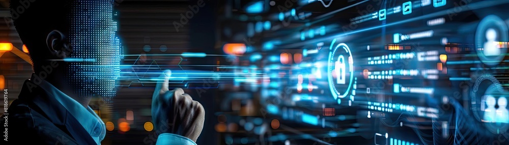 A holographic AI padlock interface, showcasing advanced security features through dynamic 3D projections A holographic AI padlock interface, showcasing advanced security features through dynamic 3D projections