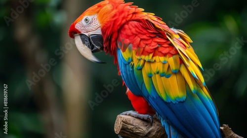 Close-up of a vibrant parrot perched on a branch, with its bright plumage and curved beak in sharp focus © Prakakrong