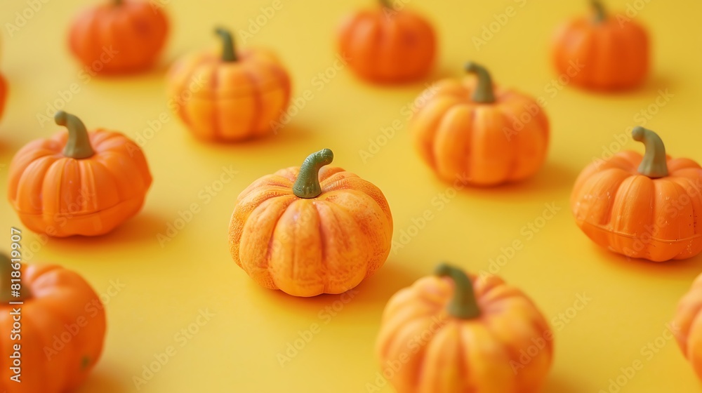 A random grouping of small toy pumpkins on a yellow background A random grouping of small toy pumpkins on a yellow background