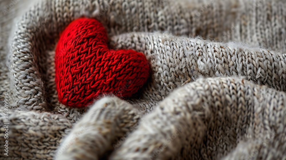 Fototapeta premium a red heart shape on wool textile background