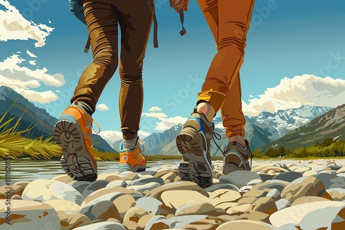 Vector illustration A couple trekking along a rocky riverbed under the bright sun, low section view.