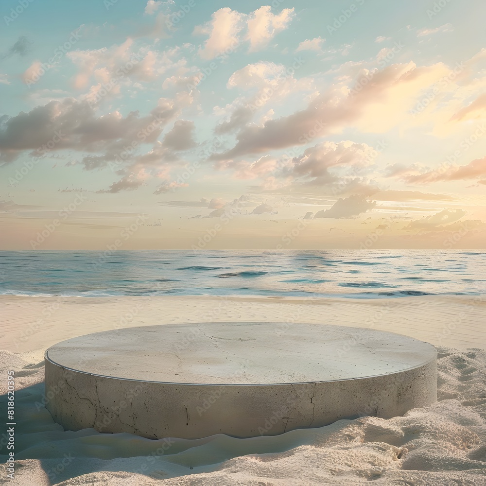 Naklejka premium Summer's Embrace - A Seaside Haven Featuring a Circular Sand Plinth
