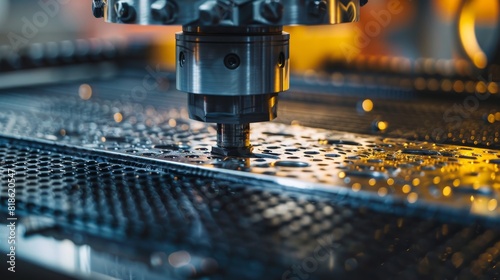 Macro shot of industrial machine punches crafting uniform patterns in metal, illustrating the precision and consistency of automated processes