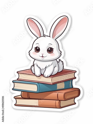 cute kawaii rabbit is sitting on a pile of books © CAHYONOZX
