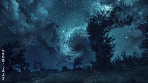 Majestic tornado funnel with a backdrop of a serene starry night, trees bent in the storm's path, dramatic clouds overhead