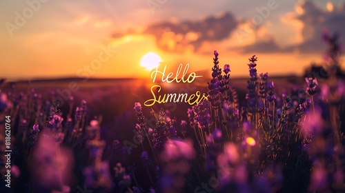 "Hello Summer" in elegant hand lettering on a serene lavender field under a golden sunset. 8k, realistic, full ultra HD, high resolution, and cinematic photography.