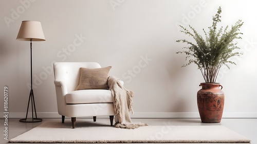 modern living room interior An inviting modern living room featuring a comfortable white armchair  a wooden side table  a stylish lamp  and a touch of nature with a potted plant. 