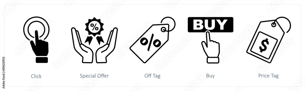 A set of 5 Shopping icons as click, special offer, off tag A set of 5 Shopping icons as click, special offer, off tag