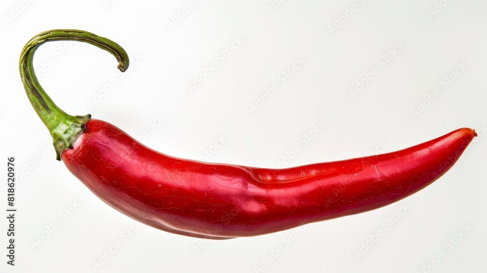 Vibrant red chili pepper isolated, green stem, perfect for food advertising, clean white background, studio light Vibrant red chili pepper isolated, green stem, perfect for food advertising, clean white background, studio light