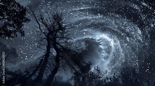 Tornado with violent winds, close-up view of trees bending, clear night sky filled with stars above the storm photo