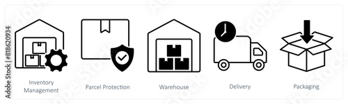 A set of 5 Shopping icons as inventory management, parcel protection, warehouse