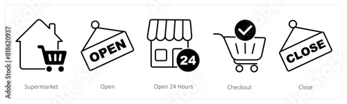 A set of 5 Shopping icons as supermarket, open, open 24 hours