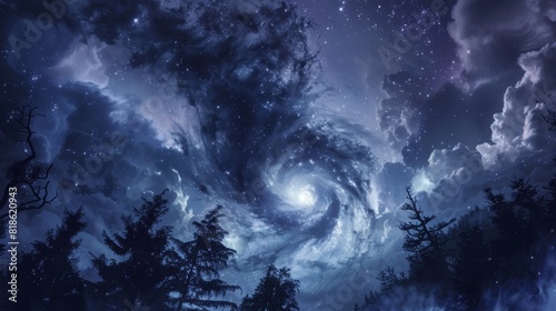 Twisting tornado amidst turbulent clouds, trees caught in the chaos, a calm starry sky providing a striking contrast photo