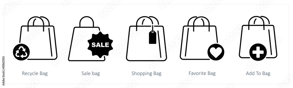 A set of 5 Shopping icons as recycle bag, sale bag, shopping bag A set of 5 Shopping icons as recycle bag, sale bag, shopping bag