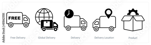 A set of 5 Shopping icons as free delivery, global delivery, delivery