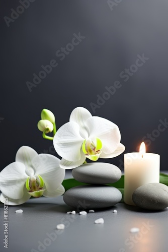  Zen stones, candles and white orchid flower on green and grey background