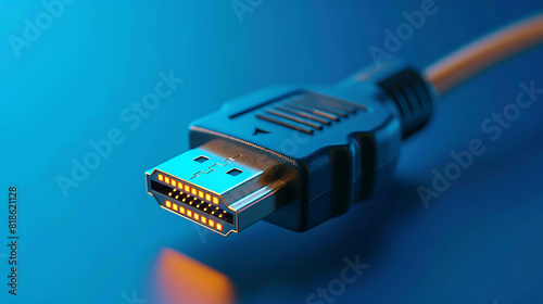 Hdmi cable with glowing end on blue background,hdmi cable for connecting devices,hdmi cable for high quality audio and video. Generative AI illustration  photo