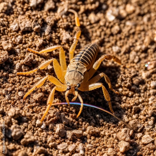 A black scorpion  perched menacingly on a rock in the desert curls its venomous tail ready to strike