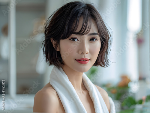 asian woman with a towel around her neck