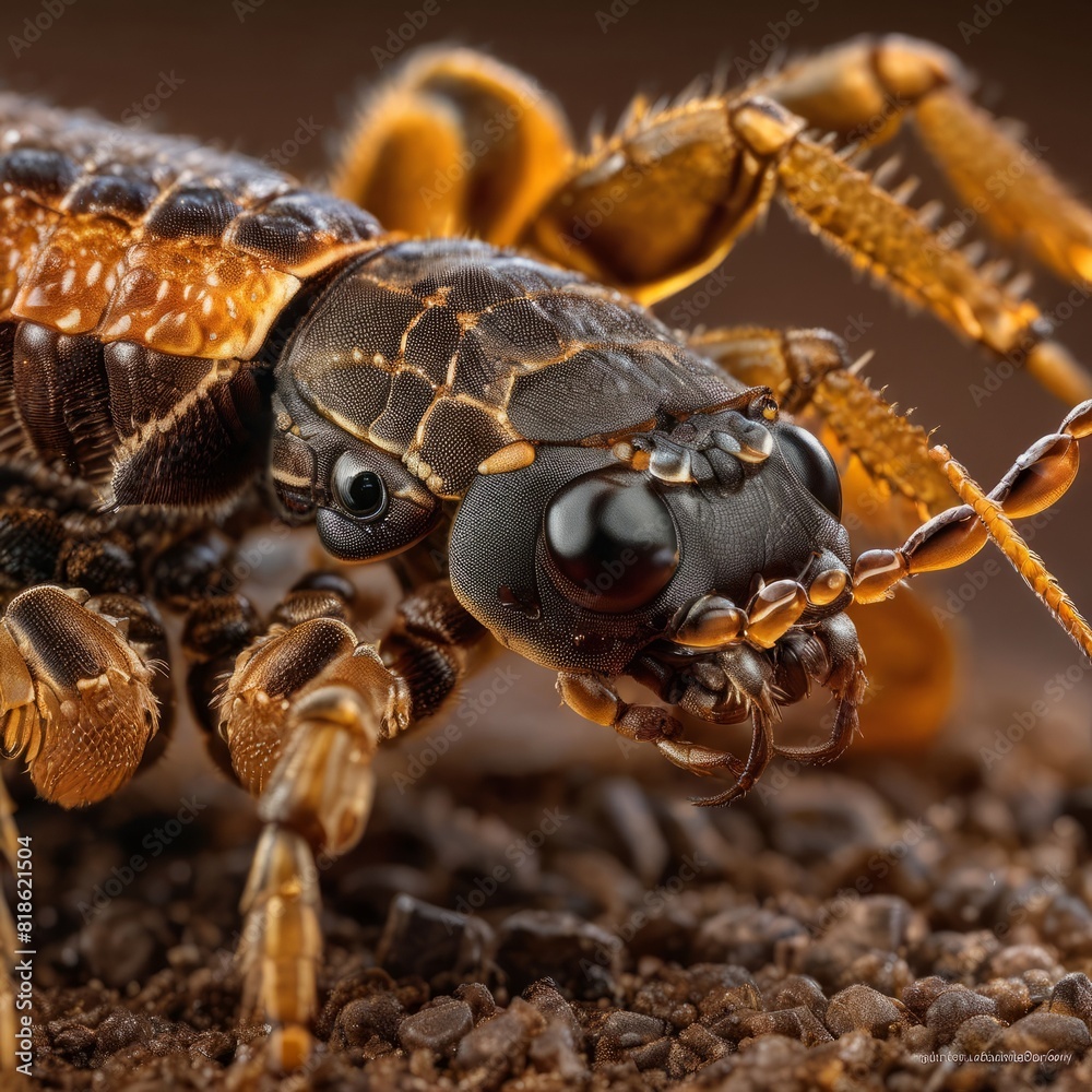A black scorpion, possibly venomous,sits perched on a rocky surface in its natural desert habitat