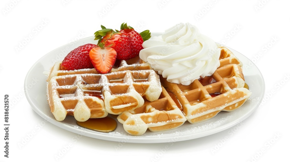 A plate of golden waffles with maple syrup, strawberries, and whipped cream, isolated against a white background. 16:9 A plate of golden waffles with maple syrup, strawberries, and whipped cream, isolated against a white background. 16:9