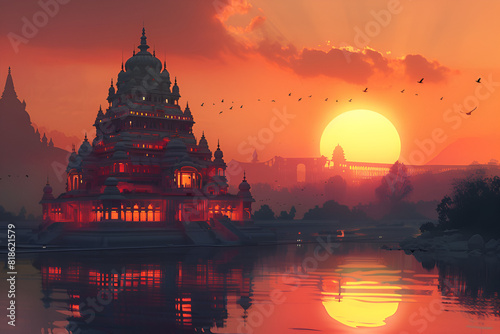  illustration of Temple during sunset in india 