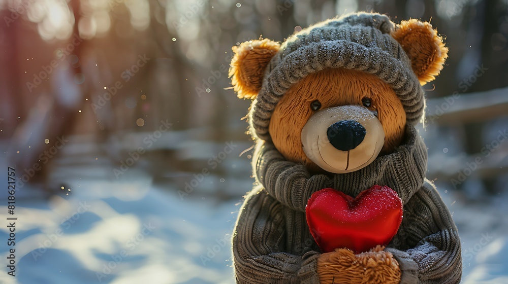 Fototapeta premium Bear doll is holding an amazing of red heart valentines surprise