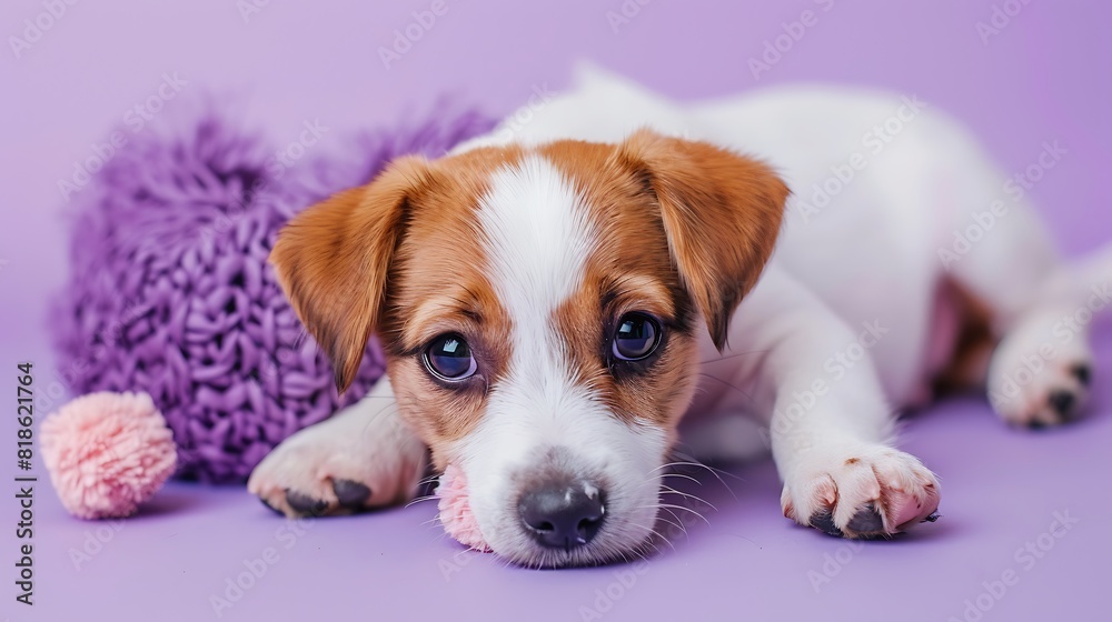 beautiful female puppy with a heart-shaped spot on her face lies on a purple background with a toy