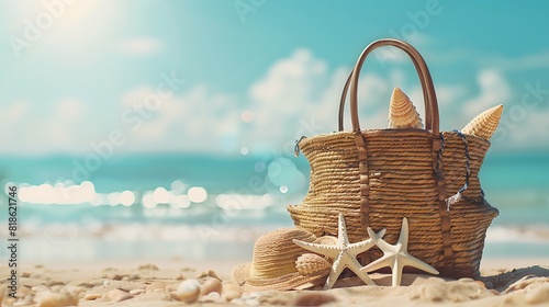 Beach bag with accessories and defocused sunny beach at background