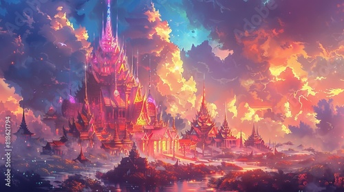 Fantasy landscape with floating islands and a castle photo