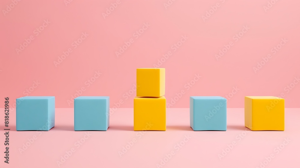 Blue and yellow blocks in a line with the yellow block standing out as the obvious choice on a light pink background Blue and yellow blocks in a line with the yellow block standing out as the obvious choice on a light pink background