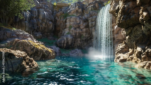 A cascading waterfall plunging into a crystalline pool, creating a tranquil oasis amidst the rugged wilderness.