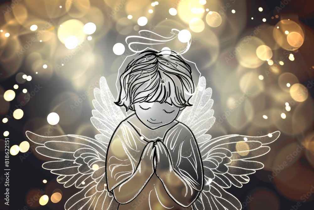 The sketched line art angel child or cherub holds her hands in prayer. Set on a gold, black bokeh background The sketched line art angel child or cherub holds her hands in prayer. Set on a gold, black bokeh background