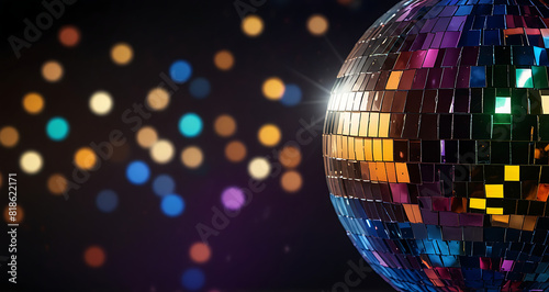 Shiny disco ball under golden lights on dark background, space for text