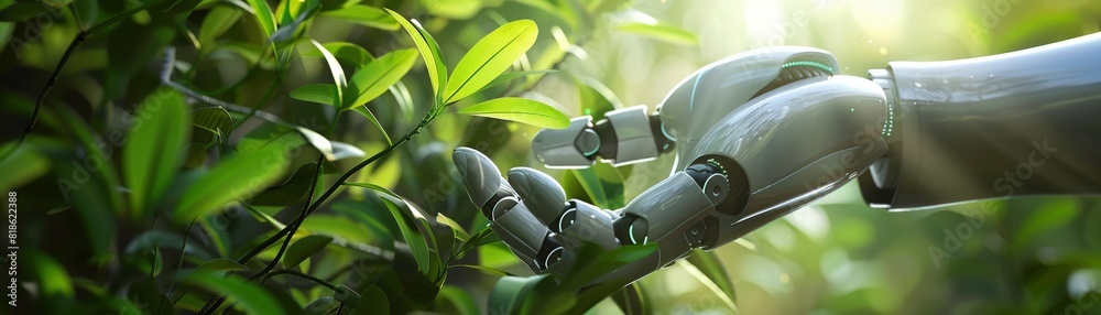Robotic hand amidst nature, a symbiosis of technology and the environment, AI for green growth