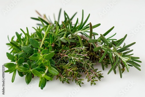 Fresh rosemary and thyme sprigs isolated on white background. photo