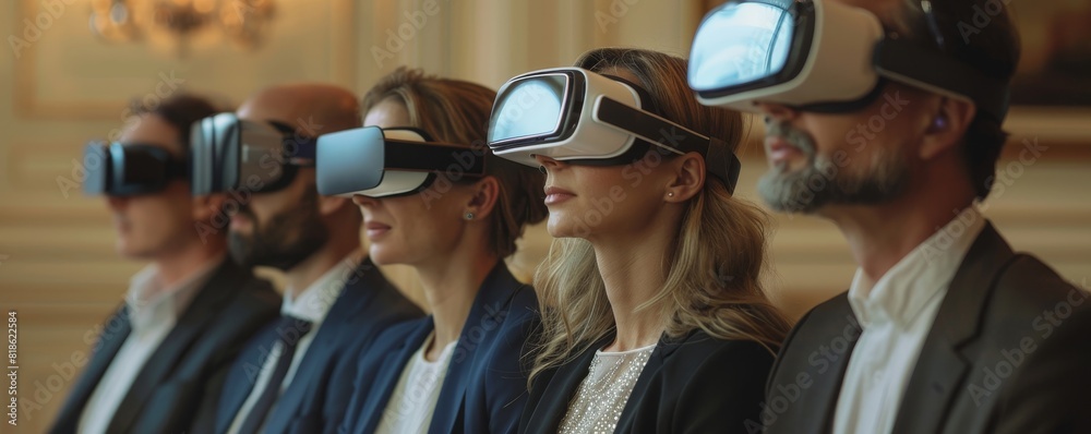 Group of business people in suits wearing virtual reality headsets in a meeting. Group of business people in suits wearing virtual reality headsets in a meeting.