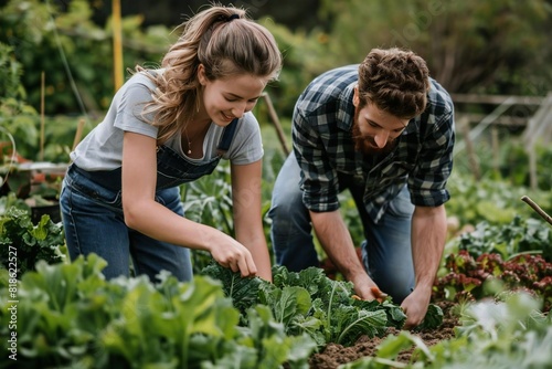 Young Caucasian Couple Uses Plant Treatments to Protect Vegetable Garden