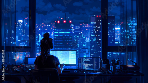 City Night View: Female Web Developer at Desk 