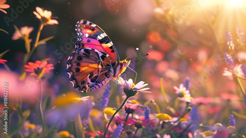 A colorful butterfly delicately sipping nectar from a vibrant cluster of wildflowers swaying in the breeze.