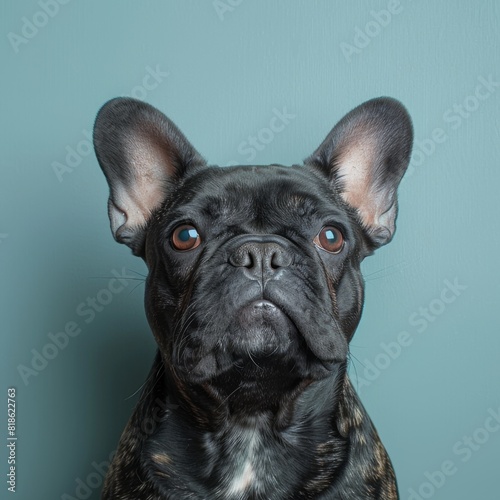 Playful, Charming French Bulldog Portrait Wall Art Decoration for Whimsical Pet Party Invitation. Friendly, Cute Dog Face with Copyspace for Custom Text and Graphics. © Da