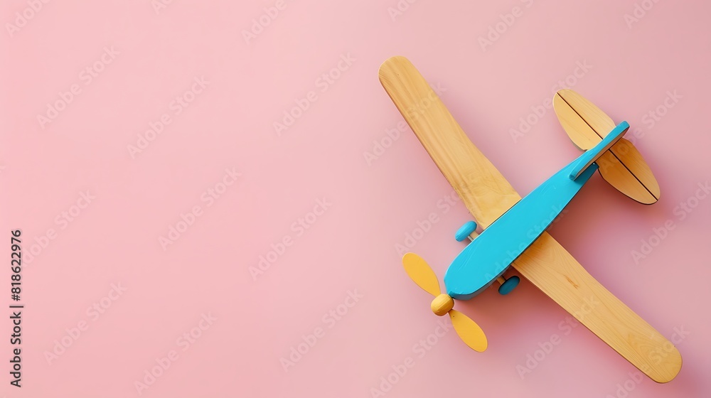 Children plane of yellow blue color made of wood isolated on pink background Children plane of yellow blue color made of wood isolated on pink background
