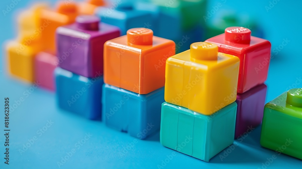 Close up color plastic block is build project on blue background Close up color plastic block is build project on blue background