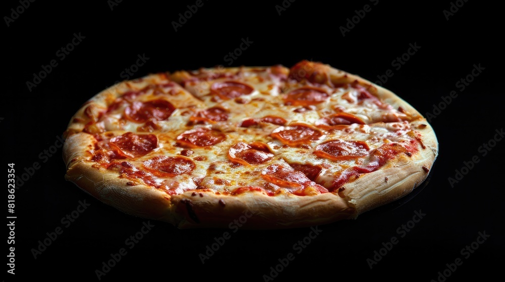 Round pizza with delicious toppings and seasonings. On isolated black background. Generative AI