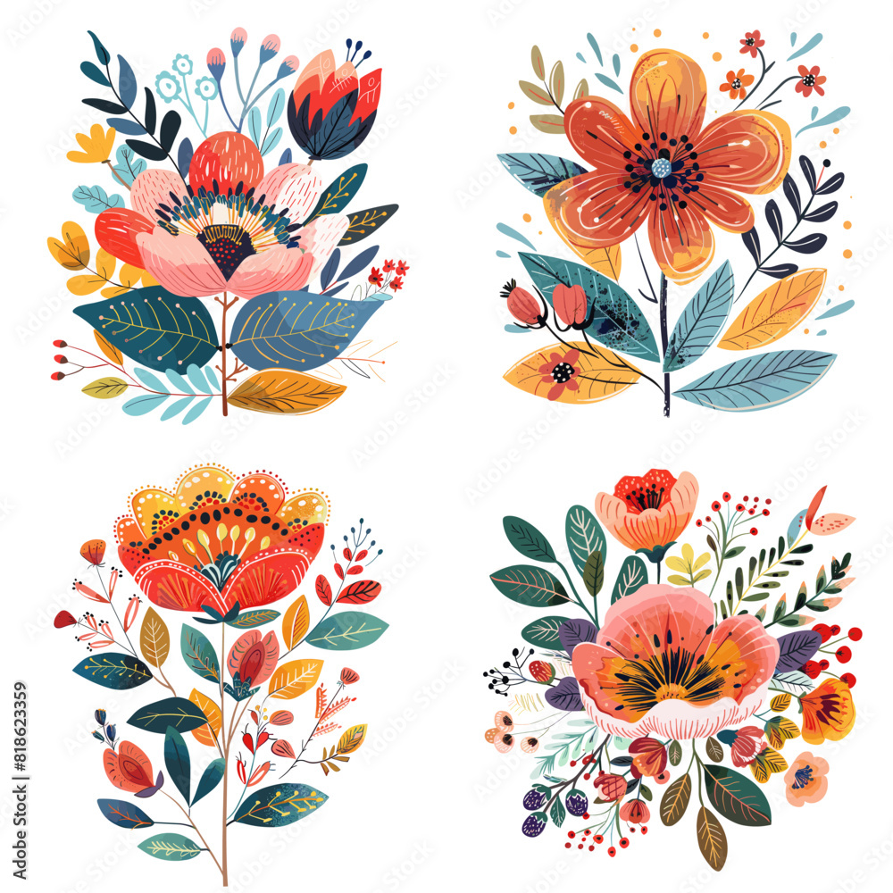 Four collections of beautiful, colorful flowers. Vector ilustrations.